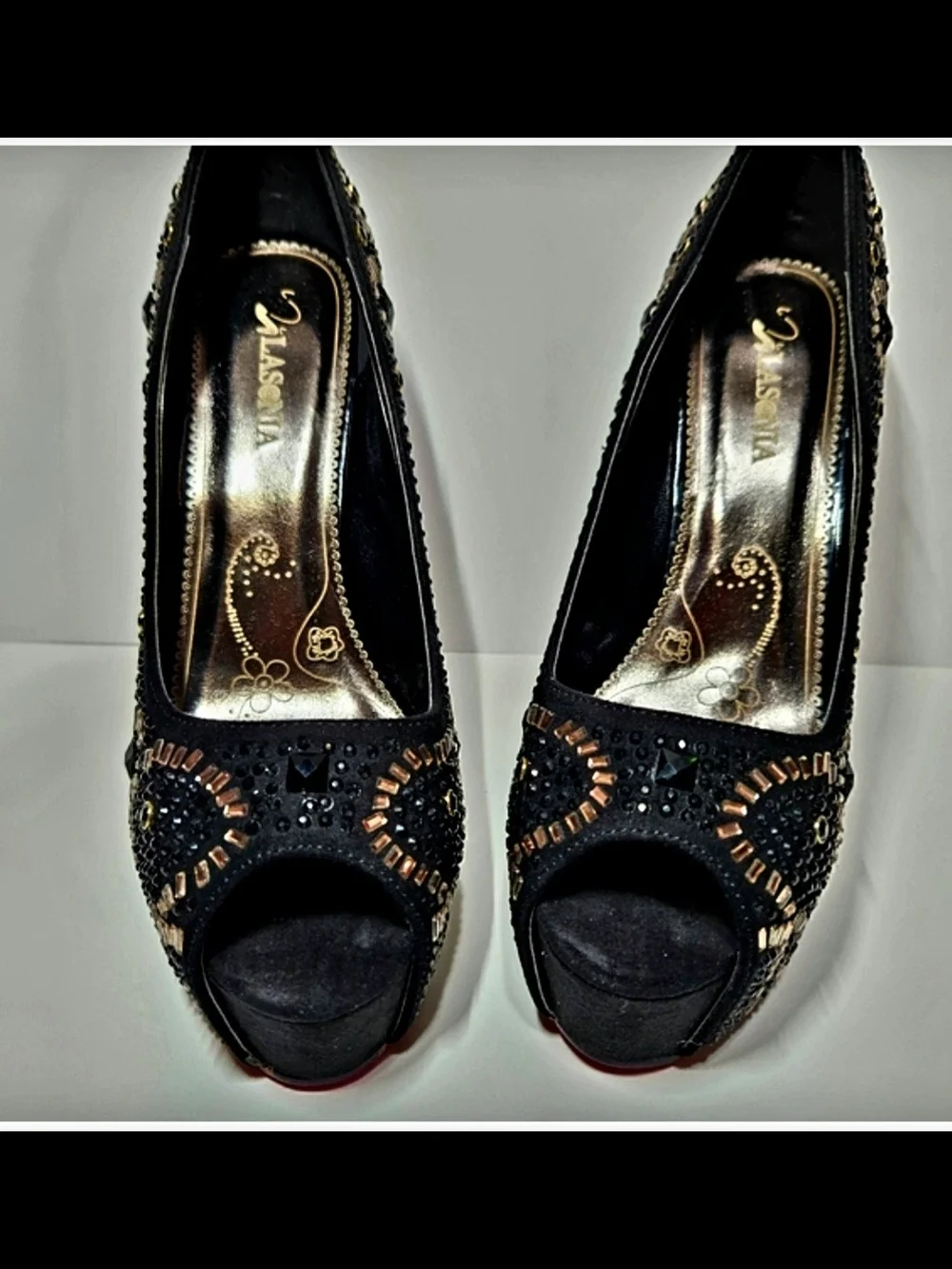 NEW Lasonia Black Rhinestone Platform Heels Open Peep Toe Stiletto Size 6 NIB